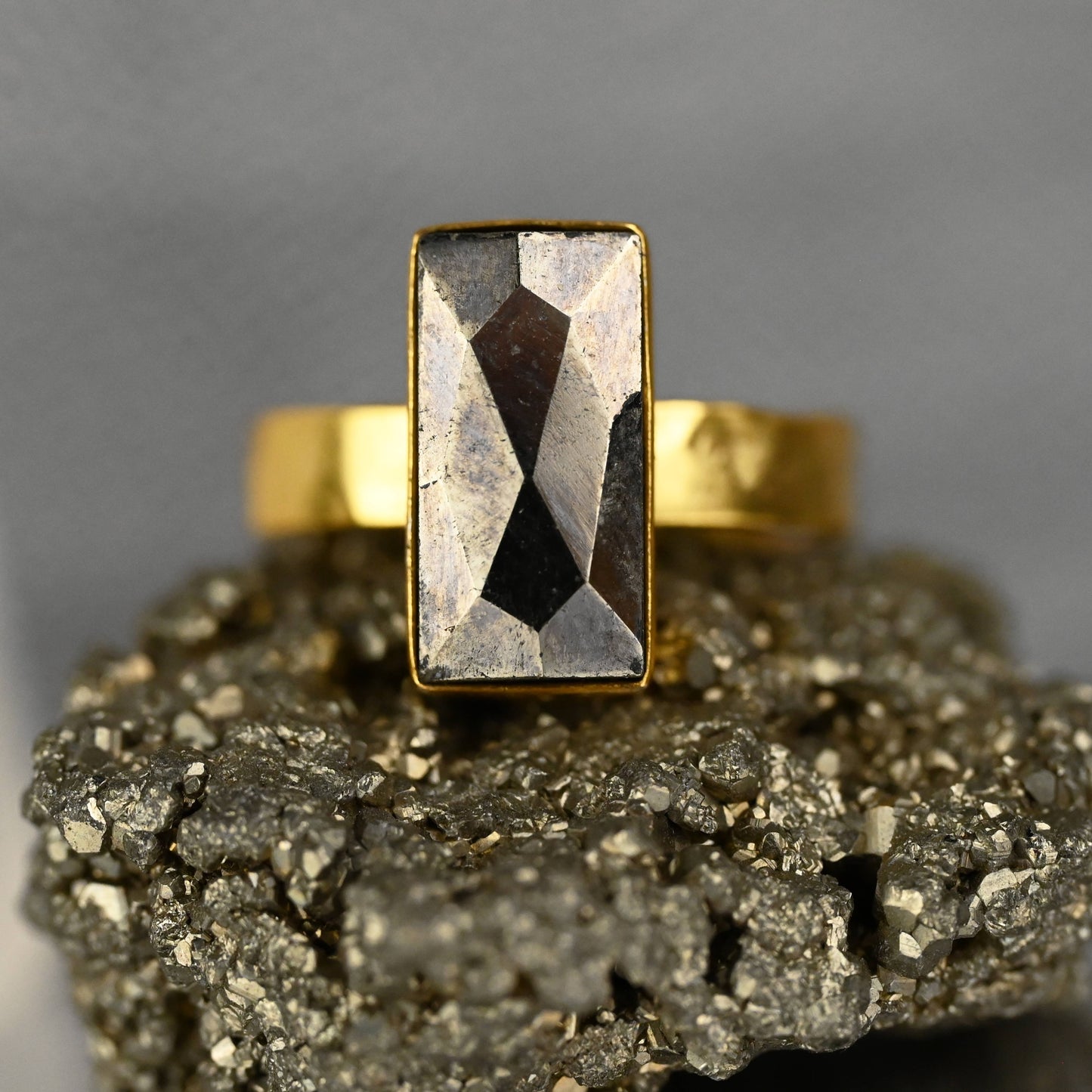 Semi Precious Stone  Rectangle Ring ~ Hand Hammered Gunmetal Band