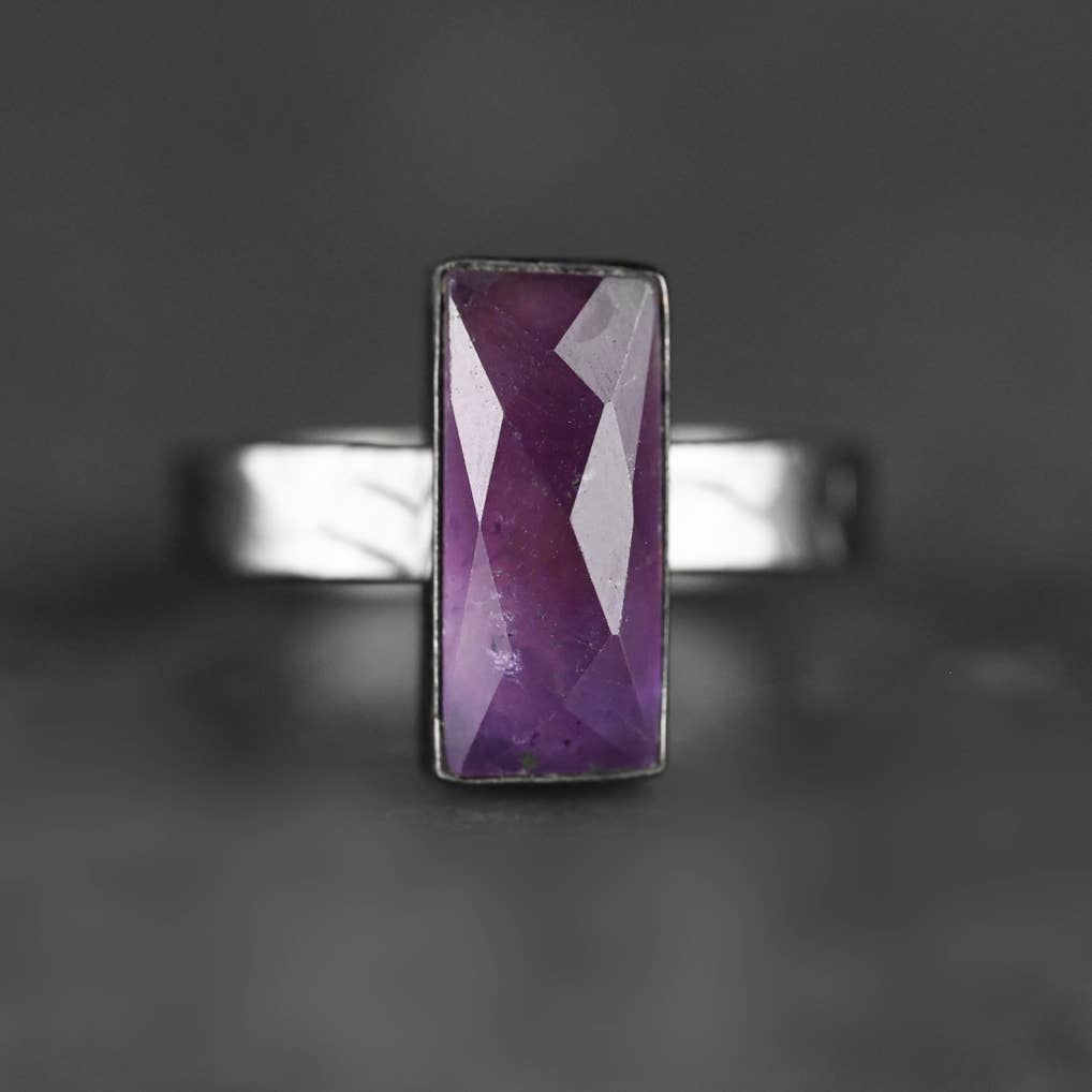 Semi Precious Stone  Rectangle Ring ~ Hand Hammered Gunmetal Band