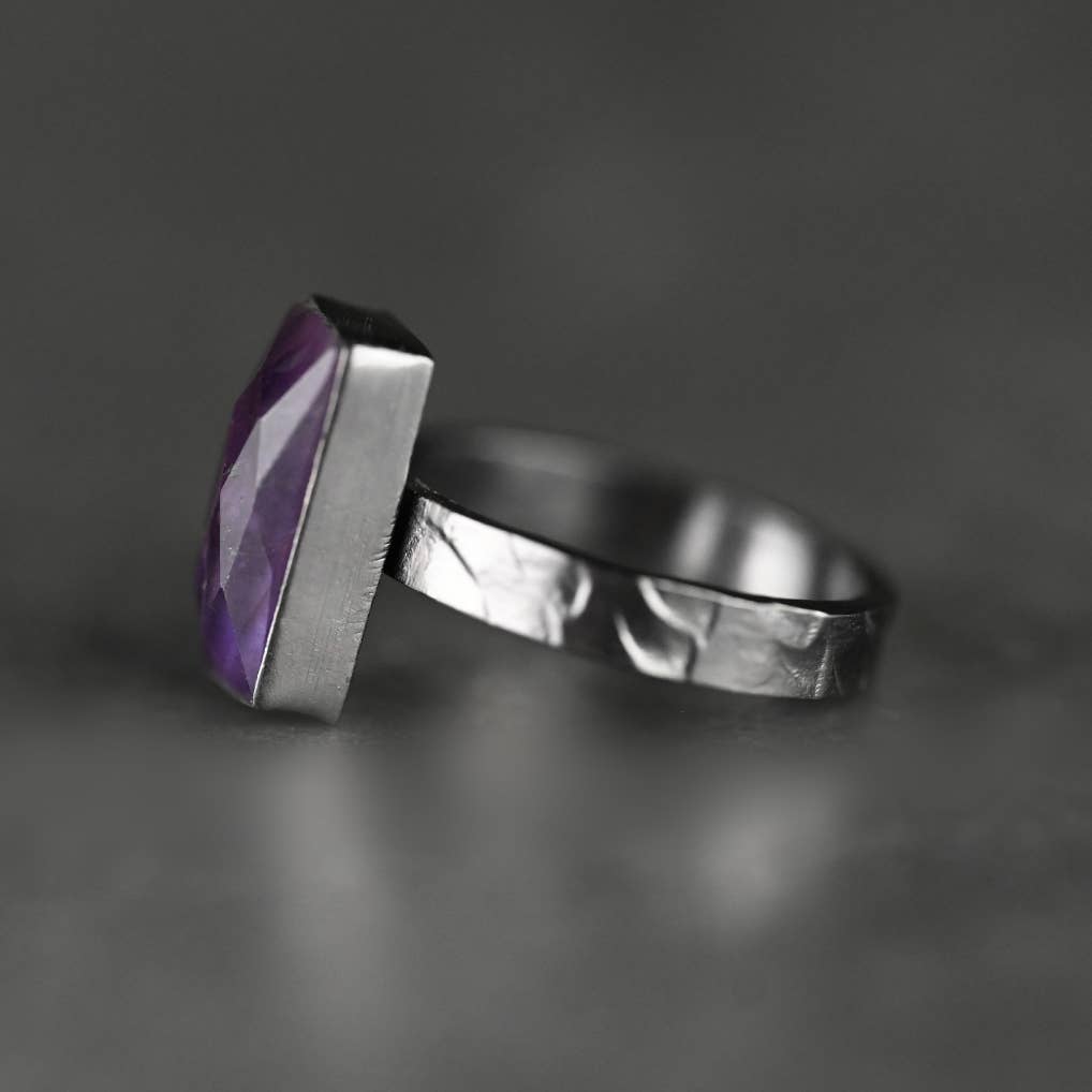 Semi Precious Stone  Rectangle Ring ~ Hand Hammered Gunmetal Band