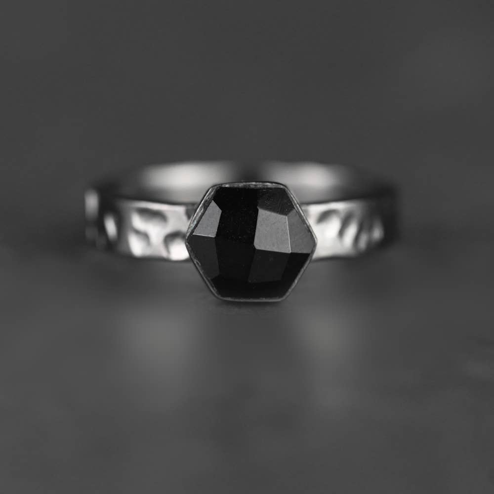 Onyx Hexagon Ring- Hammered Band  (Gunmetal)