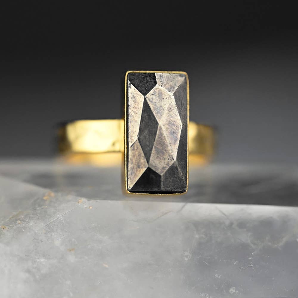 Semi Precious Stone  Rectangle Ring ~ Hand Hammered Gunmetal Band