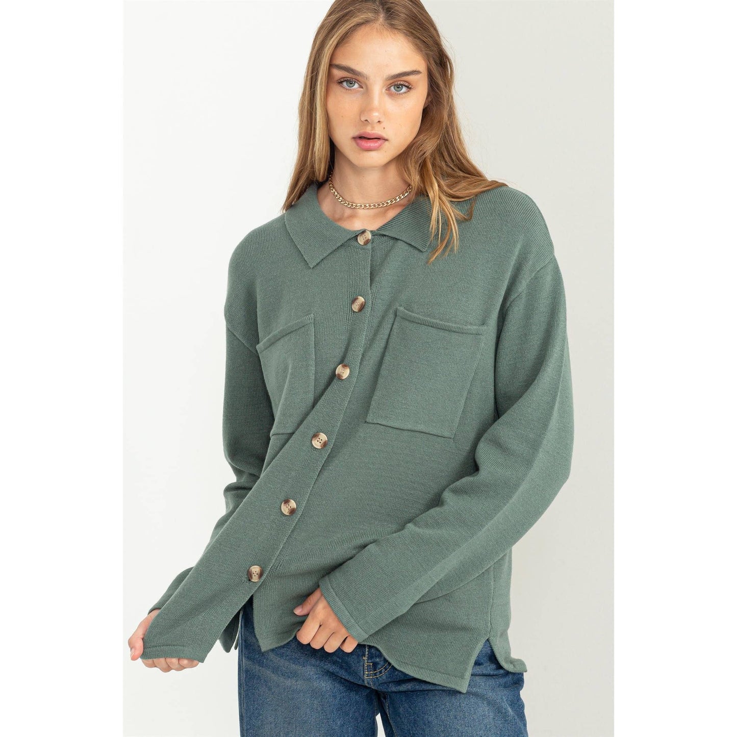 Much To Love Button Down-Gray Green