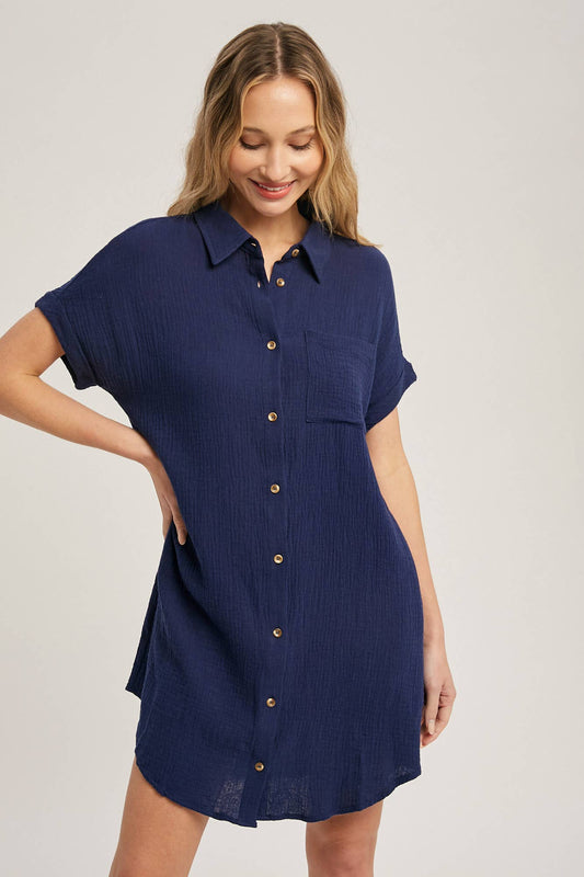 Button Up Shirt Dress - Indigo